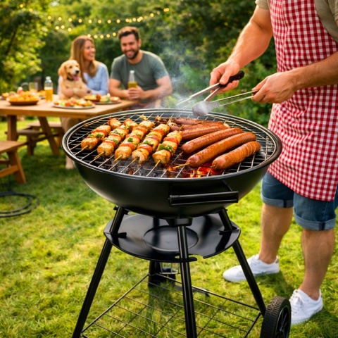 Grill węglowy ogrodowy okrągły z pokrywą 42cm duży ruszt przenośny BBQ