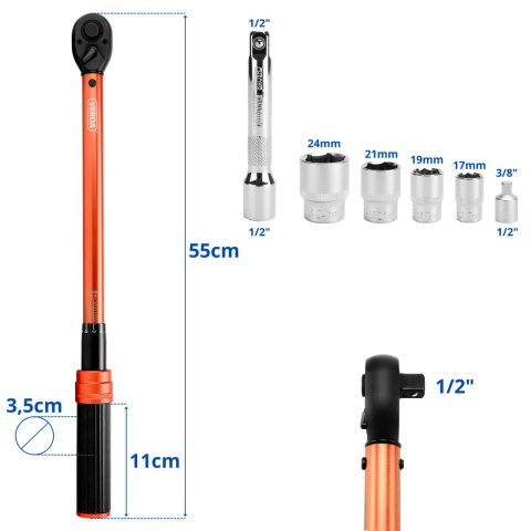 Klucz dynamometryczny do kół 1/2" 40-220 Nm z nasadkami w walizce SN1738 Klucz dynamometryczny do kół 1/2" 40-220 Nm z nasadkami w walizce SN1738